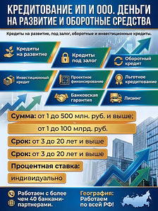 Бизнес-кредиты до 500 млн.  и выше РФ! Деньги на развитие и оборотные средства !